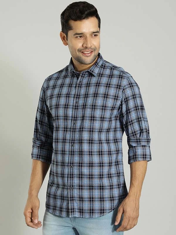 Indian Terrain Men's Slim Fit Full Sleeve Checkered Blue Shirt
